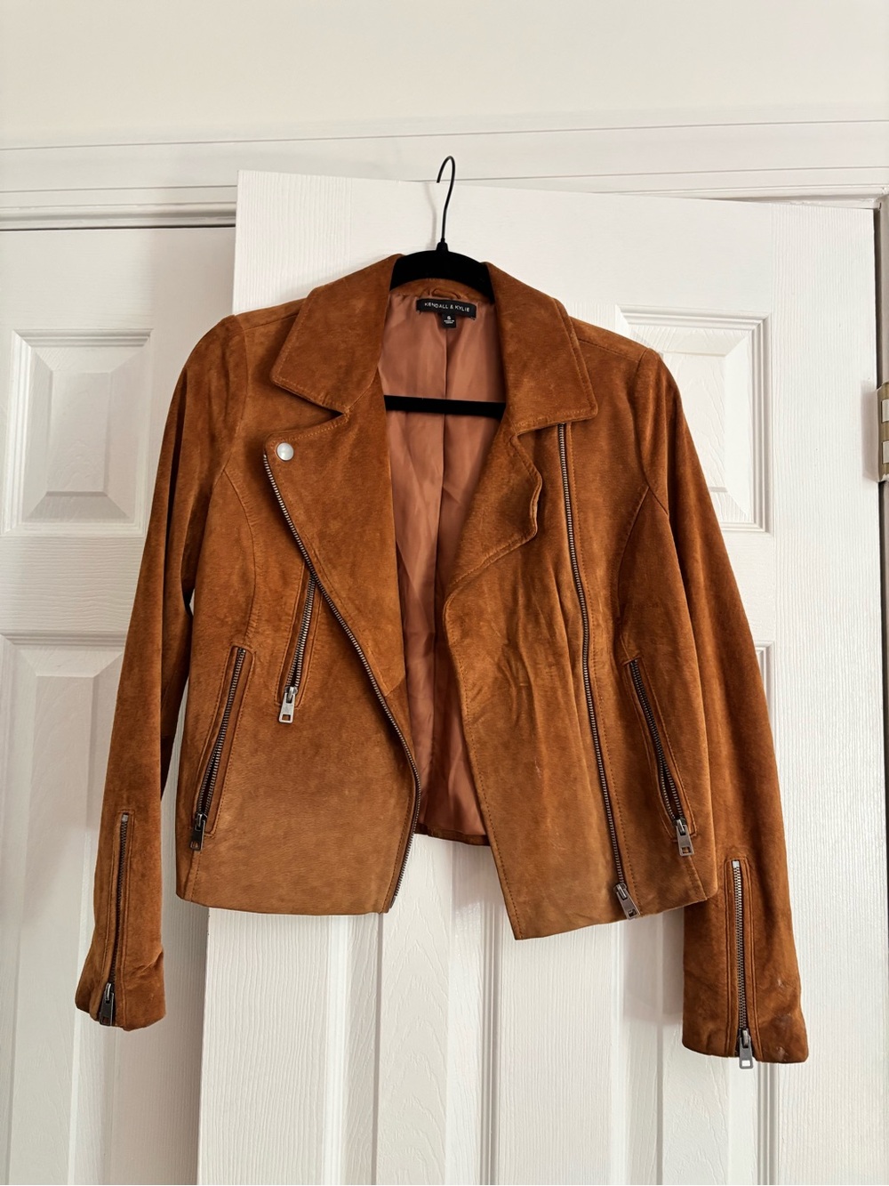 Kendall and Kylie Chestnut Suede Moto Jacket